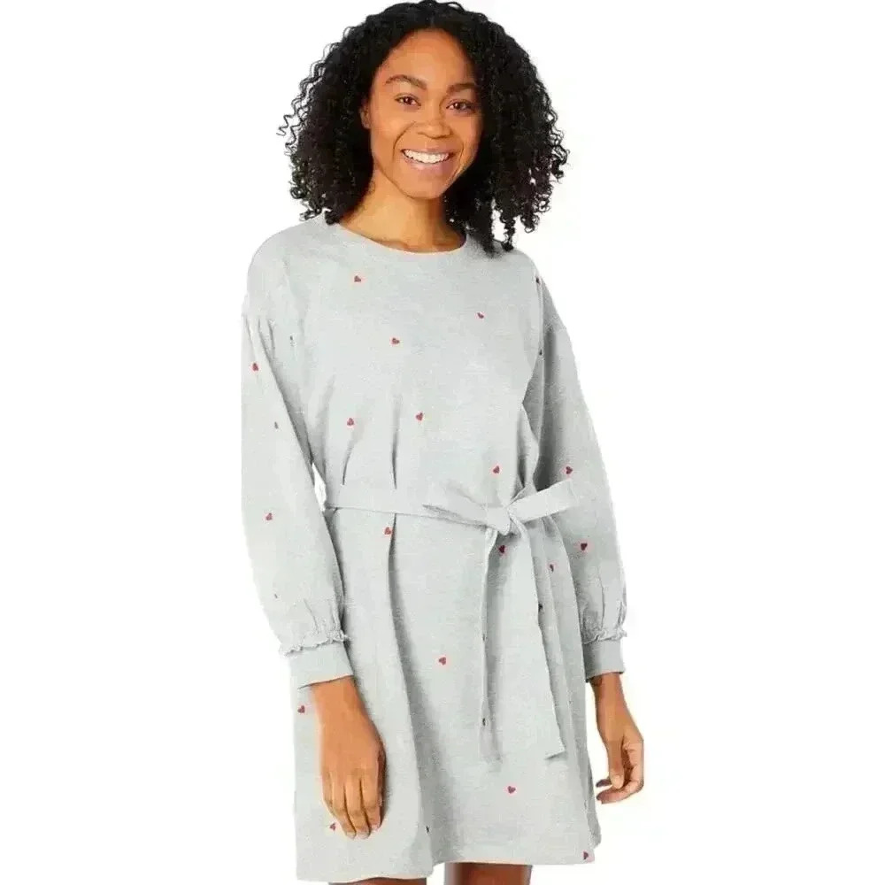Women's long sweatshirt dress w/ puffed sleeves & small heart print detail XL - Picture 1 of 7